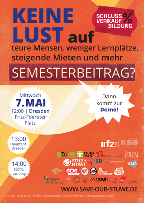 Plakat für die Demonstration für die Ausfinanzierung der sächsischen Studierendenwerke am 07. Mai 2025